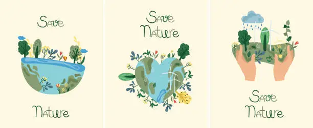 Vector illustration of Save nature. The concept of ecology of the planet, lifestyle. Nature as a source of energy for man. Suitable for social posters, cards, logos, banner. Vector illustration