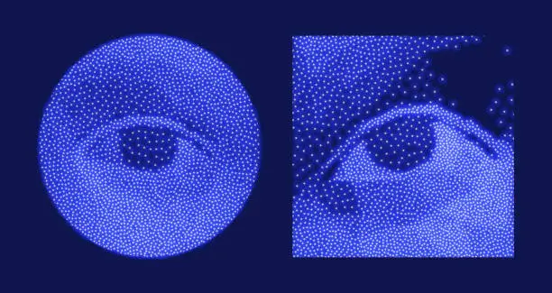 Vector illustration of Eye. Close-up portrait of a man. Digital vision. Security technology and surveillance. Innovative medicine and technology. Stipple effect. 3D vector illustration.