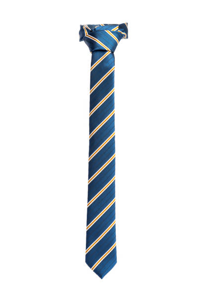 istock Stylish knotted blue striped tie on white background 1458502280