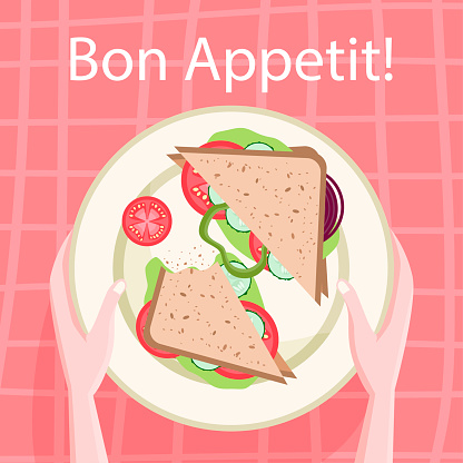Sandwich on a plate on a pink tablecloth. Restaurant poster or banner. Vector illustration.