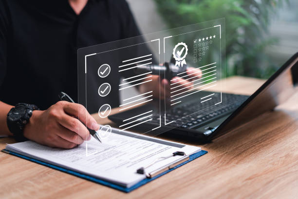 istock Customer Satisfaction Guarantee concept on virtual screens,Employees use laptop check conditions quality assurance pare part of car in digital document and customer rating to service experience online 1458506657