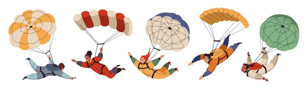 illustrations, cliparts, dessins animés et icônes de personnages de parachutistes de dessins animés. mignons gars et filles avec des parachutes ouverts, sauter d’un avion, chute libre, voler dans le ciel, des gens tombant dans différentes poses, sport extrême, ensemble vectoriel bien rangé - image smiley gratuit