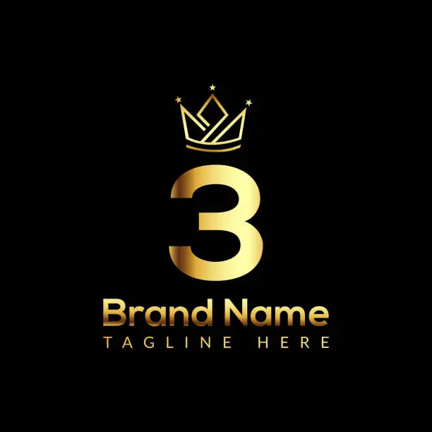 Vector illustration of Crown Logo On Letter 3 Template. Crown Logo On 3 Letter, Initial Crown Sign Concept Template