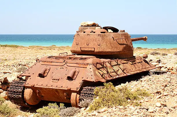 Soviet tank T-34 battle tank on Socotra Island in the Indian ocean