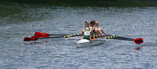 женская четверка скаллинг команда гребля на реке. - sports team teamwork sport rowing fun стоковые фото и изображения