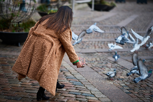 Portrait of Tamil ethnic woman. Woman having fun chasing some pigeons on a square