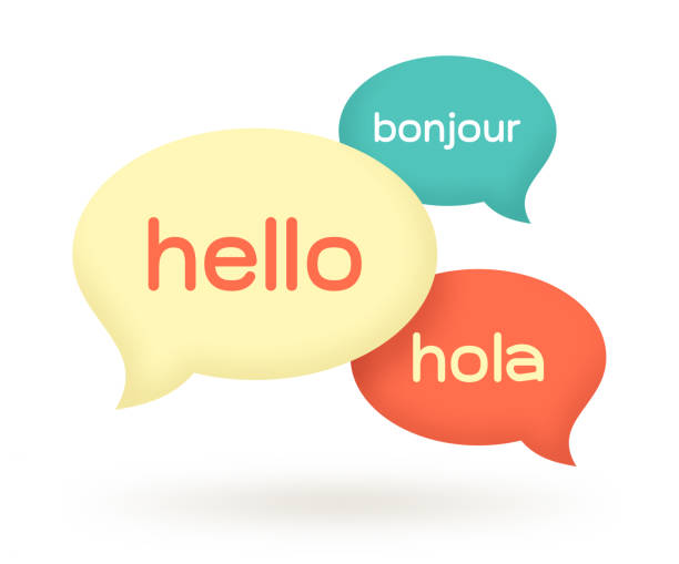 Language Translation Speech Chat Talking Bubbles Translation different languages chat speech bubble communication symbol icon design 3d. french language learn stock illustrations