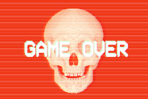 game over, pixilated or blocky skull on red background, 3d render