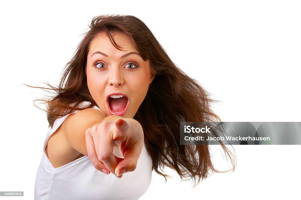 Close-up de uma jovem mulher apontando - Foto de stock de Culpa royalty-free