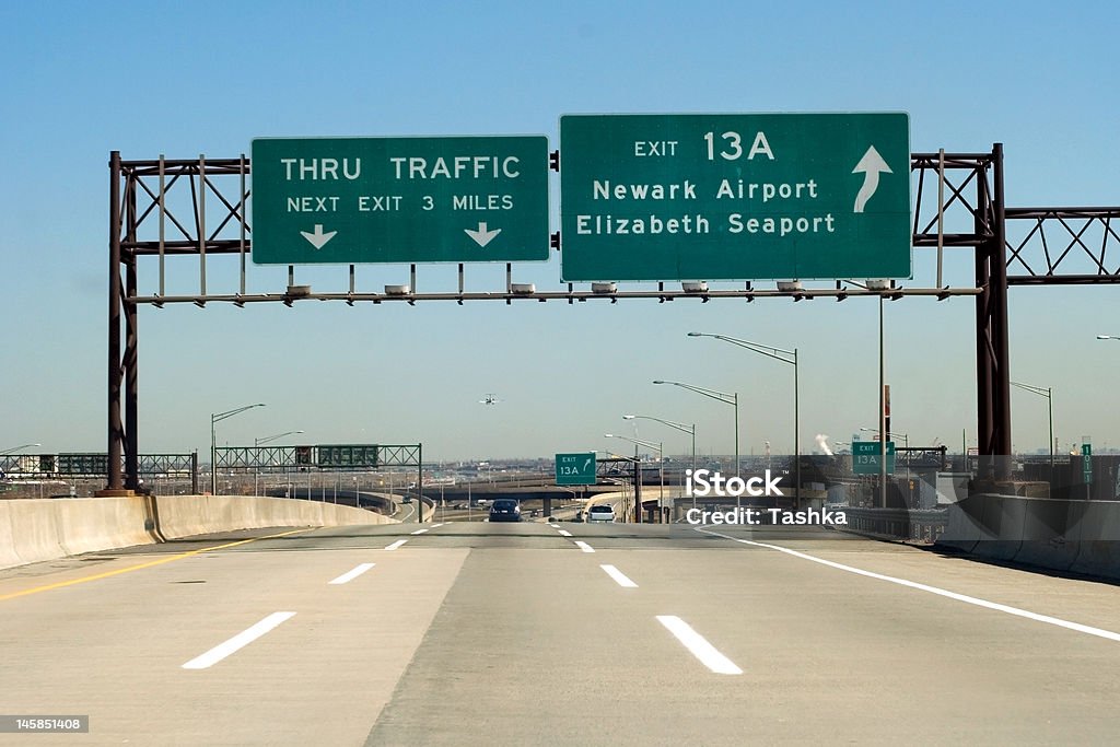 NJ Turnpike NJ Turnpike (I-95) exit to Newark and Elizabeth, New Jersey Road Sign Stock Photo