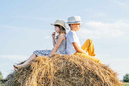 Thoughtful little girl and boy sitting back to back at top of haystack. Friends resting on hayrick, side view. Outdoor walking. Beautiful blue sky. Summer vacation, countryside lifestyle.