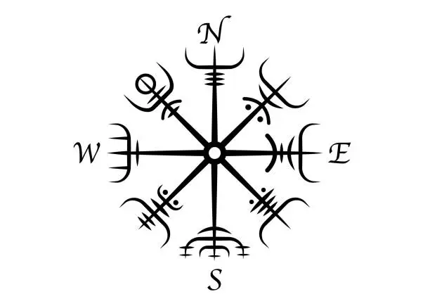 Vector illustration of Viking Pagan Asatru Compass, Vegvisir Wind rose, navigation runic compass, Norse Mythology. Protective talisman for travelers. Magical Navigator for the wandering. Vector tattoo isolated on white background