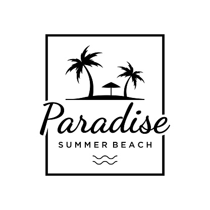 Summer vacation creative logo on the beach with symbols of waves, palm trees and surfboards in retro style.Emblem,label, poster,badge.