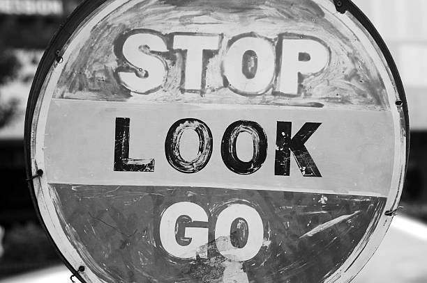 istock Old Stop Look Go Sign in Black and White 145851526