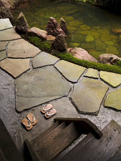 istock Japanese clogs, stepping stones and goldfish pond 145851572