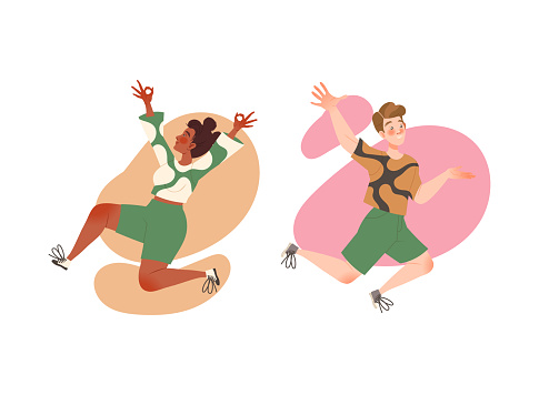 Happy Man and Woman Character Jumping with Joy Feeling Excitement Vector Set. Young Male and Female Celebrating Victory and Success Rejoicing and Cheering Concept