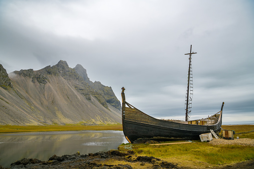 Hofn, Iceland - September 7, 2022: Replica of old viking ship close to viking village near Hofn in Iceland in September 2022