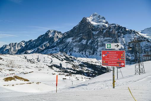 Grindelwald, Switzerland - February 22, 2020: Beautiful sunny day ideal for skiing near Grindelwald First in Switzerland during February 2020