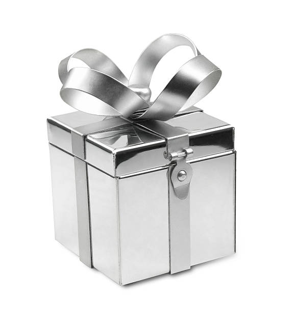 istock Stainless square gift box with silver ribbon tied on top 145851913