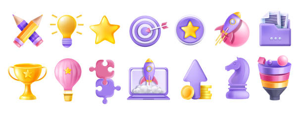 3D creative startup icon set, laptop screen, rocket launch, idea bulb, golden trophy, funnel. Business project vector marketing object kit, professional strategy concept. Startup icon achievement star three dimensional chess stock illustrations