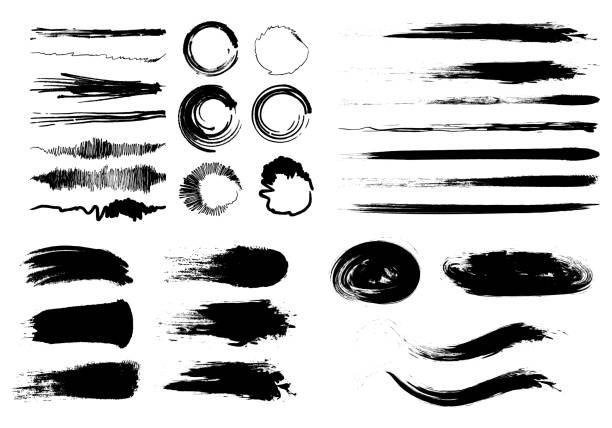 paint brush set. black ink stroke. paintbrush with grunge texture. hand drawn lines, circles, grungy graphic elements. text box, frame or border templates. vector illustration. - brush stock illustrations