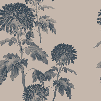 Delicate grey monochrome Chrysanthemum flowers isolated on beige background. Handdrawn seamless pattern for created floral design, bedding, wallpaper, textile, fabric, poster.