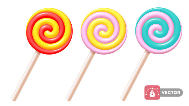 Colorful Lollipop Set Set of sweet spiral lollipops on white plastic sticks. 3d realistic, swirl, colored sugar candies. Vector illustration EPS10 lollipop stock illustrations