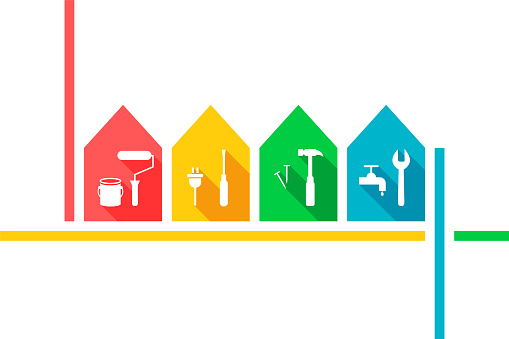 House repair, renovation, maintenance, facility management concept. Building and home improvement. Handyman, repairman, craftsman. Work tools icon set: paint roller, screwdriver, hammer, wrench icons.