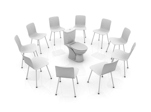 Large group of office chairs in semi-circle in a hallway of an office building. Copy space.
