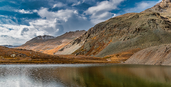 A beautiful alpine lake along the hiking trails of Yankee Boy Basin beneath Mt. Sneffels near Ouray, Coloardo.