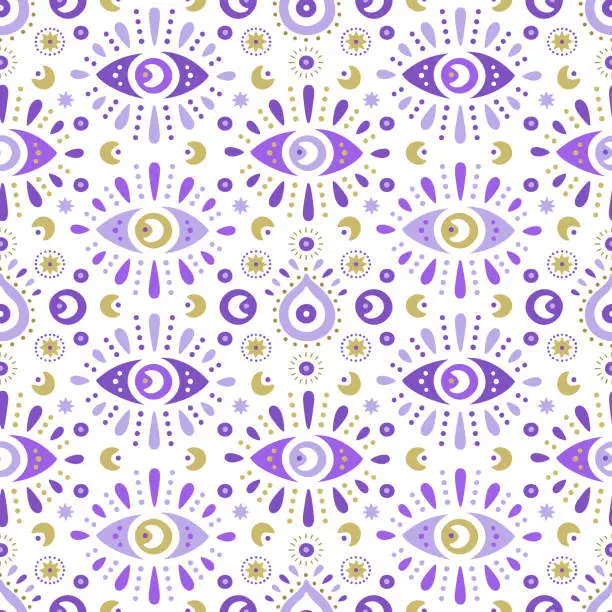 Vector illustration of Background of Turkish evil eye symbols. Ethnic style mauve protection from the spoilage signs with golden details.