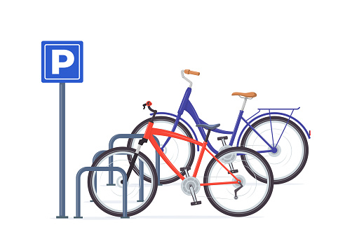 Bicycle parking. Modern bicycles at parking sign. Vector illustration