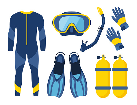 Diving equipment, set. Scuba diving, aqualung oxygen cylinders, diving costume, flippers, mask and tube Vector illustration