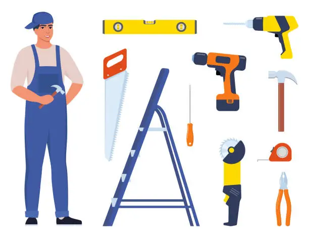 Vector illustration of Repairman or mechanic and collection of tools. Man character in uniform with set of professional instruments. Vector illustration.