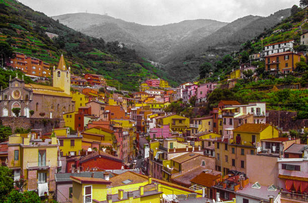 Village of Cinque Terra Italy's landscape being a travel destination on the Mediterranean coastline.