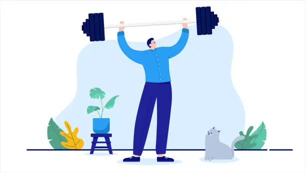 Vector illustration of Casual office person with personal strength lifting weight