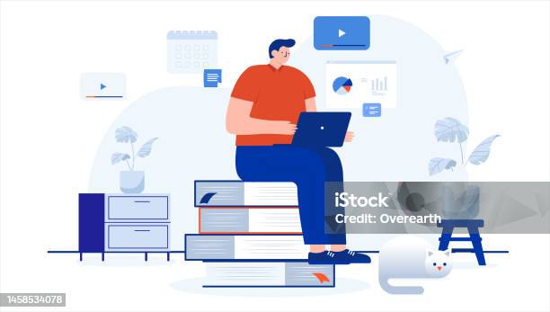 Man Computer Learing Elearning Illustraton Of Man Learning Data And Technology From Couse ...