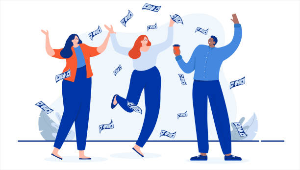 ilustraciones, imágenes clip art, dibujos animados e iconos de stock de grupo de personas que ganan dinero - cheering business three people teamwork