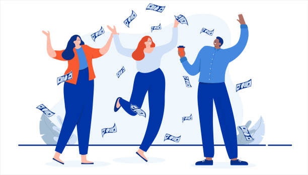 Group of people making money Team of business people celebrating financial success and money rain. Flat design vector illustration with white background pennies from heaven stock illustrations