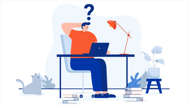 Computer question and work problem Person sitting at desk with laptop having trouble, scratching head with question mark. Flat design vector illustration with white background computer-confused stock illustrations