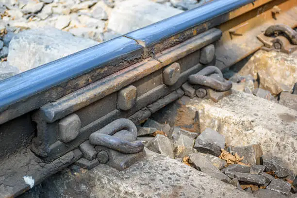 Picture of a fishplate connector on a railway track of Indian Railways system.