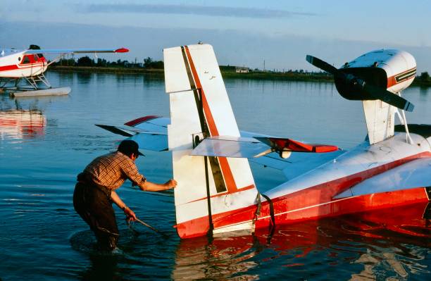 Launching a Lake flying boat in the Fraser River stock photo