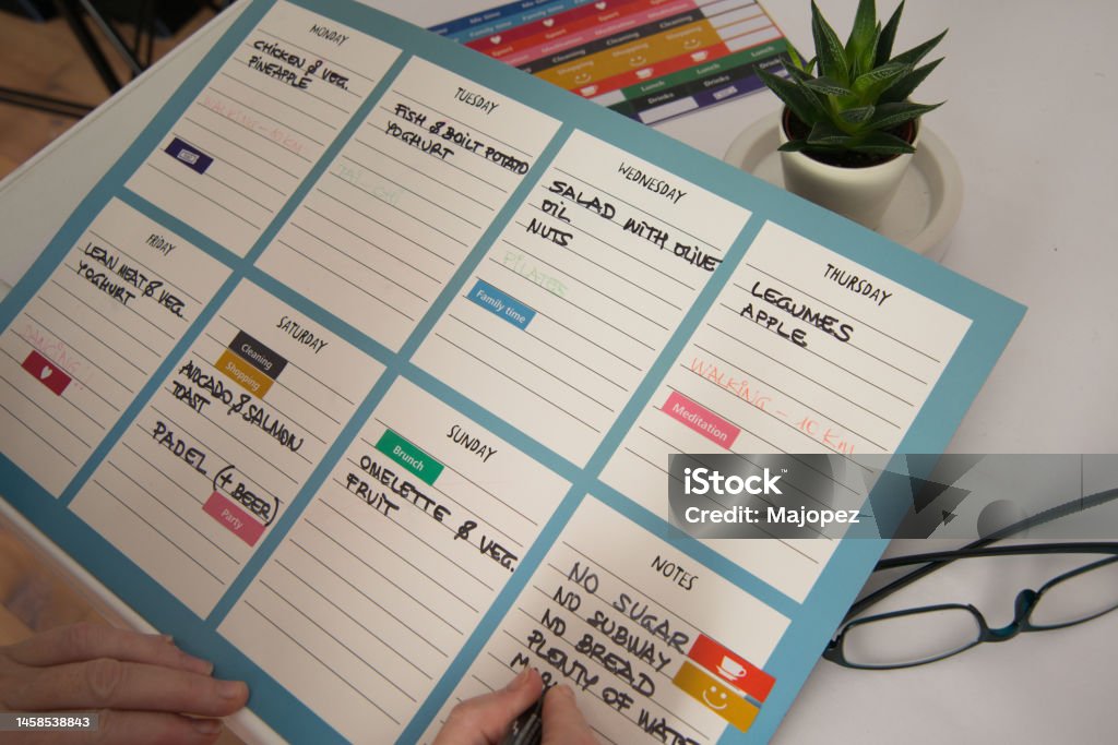 Woman hand writing schedule for healthy life, meals and sports Woman hand doing the weekly schedule for s healthy life, meals and sports. White background Meal Stock Photo