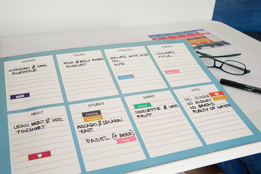 Preparing a weekly schedule for healthy life, with meals, exercises and notes. White background