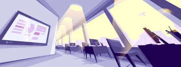 Vector illustration of Office interior in distorted perspective vector illustration with space for text mockup, modern workplace inner space.