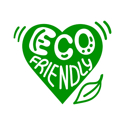 Eco friendly text. Green heart with white lettering. Vector illustration