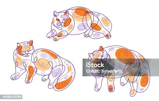 istock Nice cute cat linear vector illustrations set, line art drawings of pussycat relaxing, artistic outline minimal sketch of fat and lazy cats. 1458542098