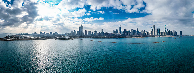 Panorama aerial shot of Chicago downtown from Lake Michigan