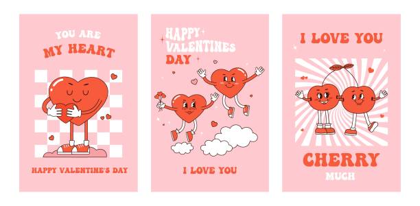 Web Retro groovy posters. Hippy Love concept. Happy Valentines day greeting card in trendy retro 60s 70s cartoon style. Vector illustration in pink RED colors. Card, postcard, print. be my valentine stock illustrations