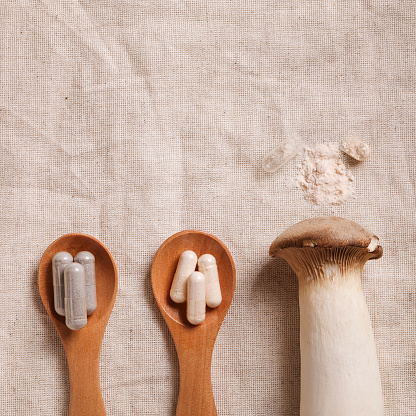 mushroom and natural herbal pills on wood spoons on textile background. environmental friendly ,healthy, medical supplement concept. copy space.square